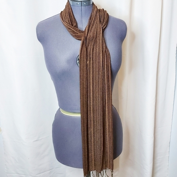 𝅺Vintage Sheer Brown Scarf With Gold Fringe 76×12" - Picture 5 of 5